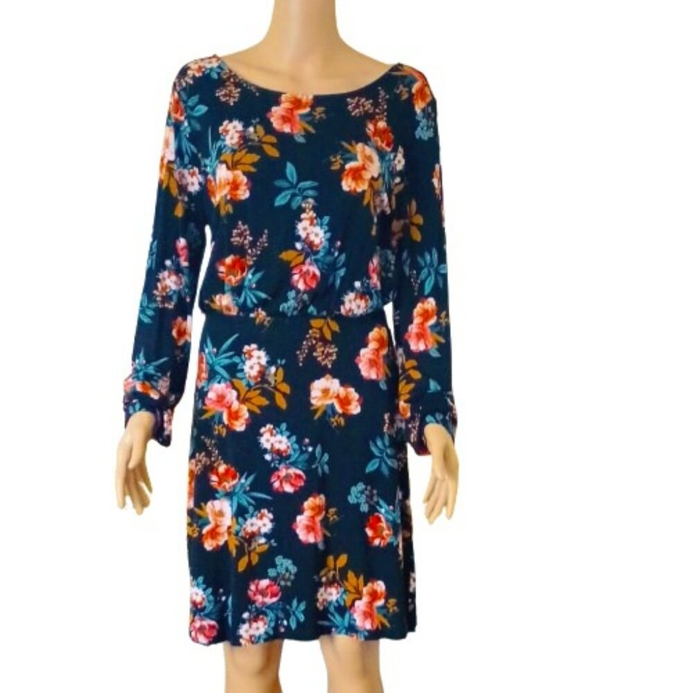 Women's Black Floral Dress 8 Loft Bar Wrap Back Long Sleeve Elastic Waist